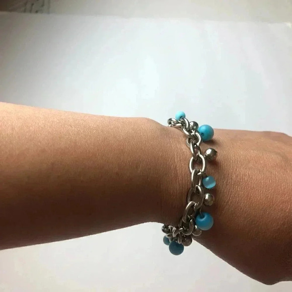 Blue Moonstone Beaded Bracelet Silver Cable Link 7-3/4" - Picture 3 of 5